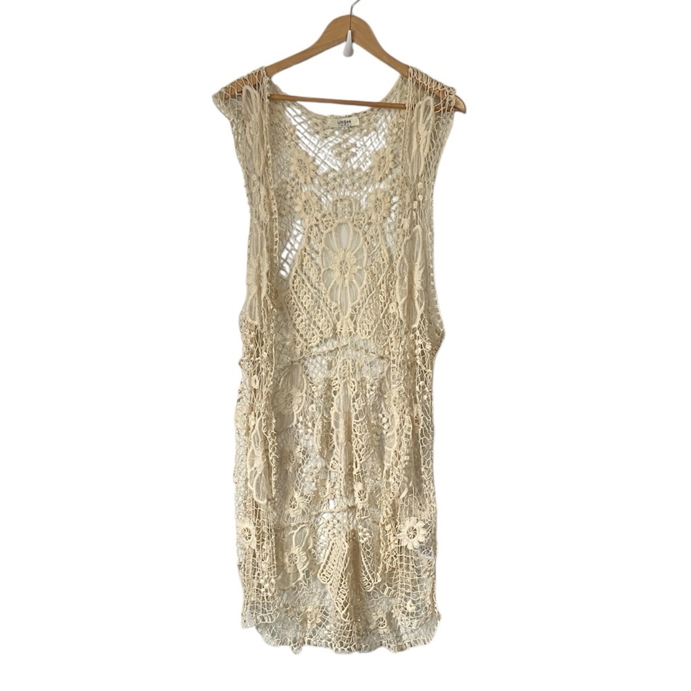 Umgee ivory lace crochet sleeveless BOHO Hippie Crochet Long Vest Top Sz L